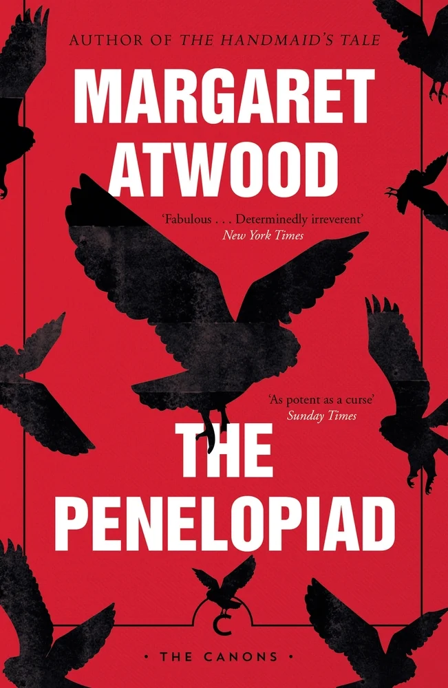 The Penelopiad by Margaret Atwood book cover. Depicts a red background with black birds flying around.