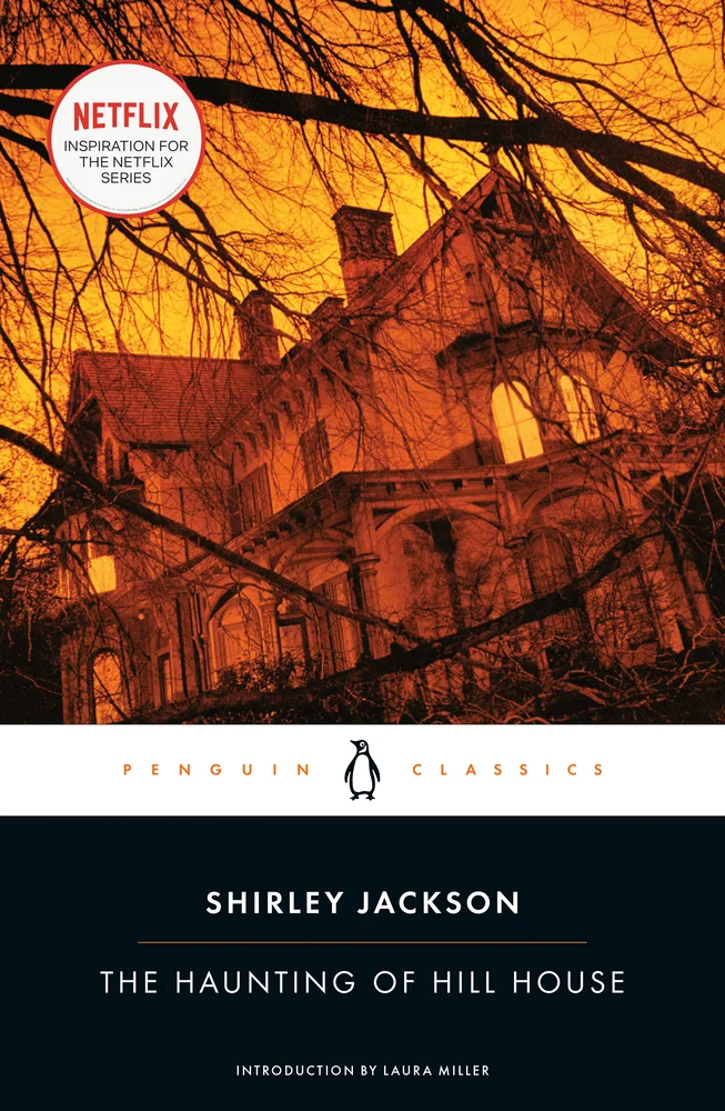 The Haunting of Hill House by Shirley Jackson, penguin classics cover featuring a house with an orange hue.