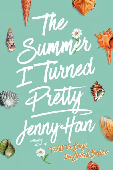 Book cover of "The Summer I Turned Pretty" by Jenny Han features white script text on a teal background with assorted colorful seashells.