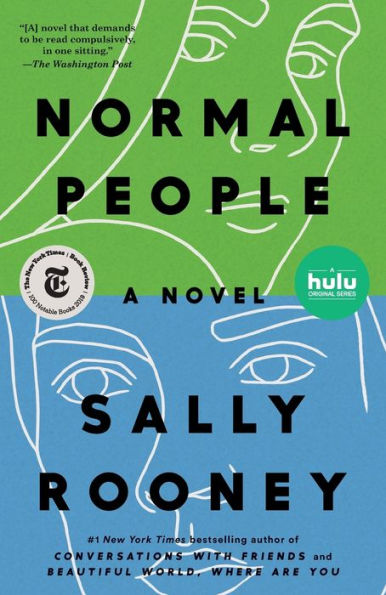 Book cover of "Normal People" by Sally Rooney, featuring minimalist line drawings of two faces over a green and blue background. t.