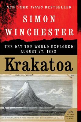 Krakatoa by Simon Winchester, a nonfiction book cover depicting an old illustration of a volcano, the title in a dark beige rectangle, and a bright red erruption.