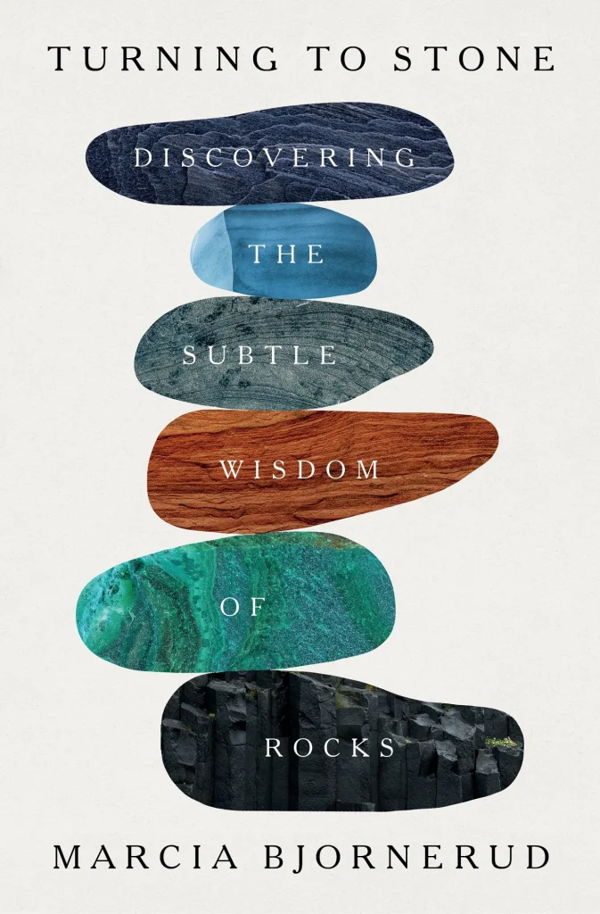 Turning to Stone by Marcia Bjornerud, a nonfiction book cover depicting illustrations of various colored rocks piled on top of each other. A word from 'Discovering the Subtle Wisdom of Rocks' appears on each stone.