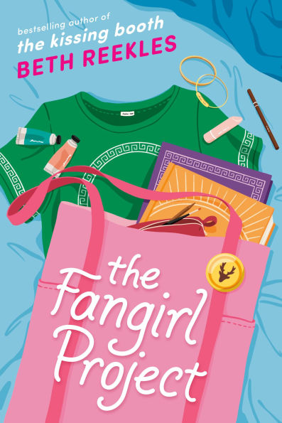 Book cover of "The Fangirl Project" by Beth Reekles. A pink bag overflows with a green shirt, notebook, and makeup, set against a blue background.