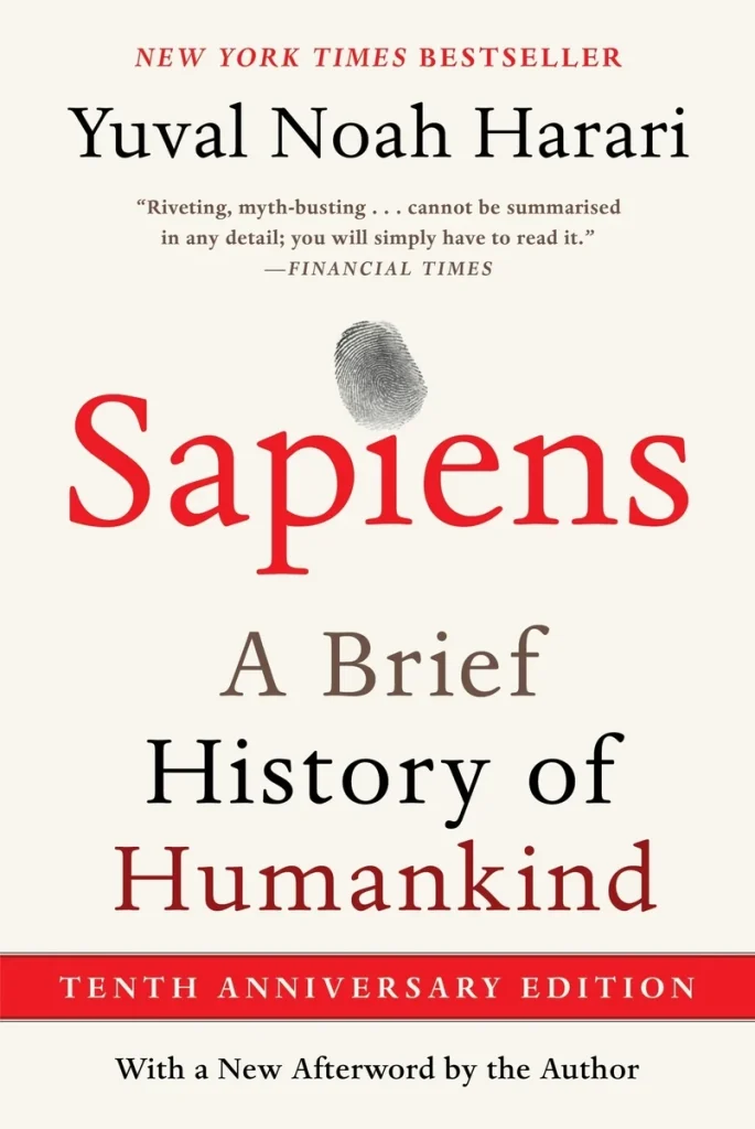 Sapiens by Yuval Noah Harari book cover depicts 'Sapiens' in red text with an ink fingerprint as the dot of the 'i'.