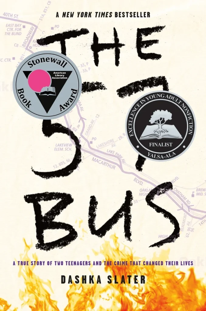 The 57 Bus by Dashka Slater book cover depicts a map of bus stops with flames at the bottom.