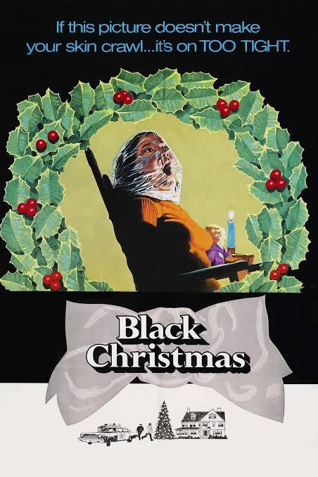 Black Christmas by Bob Clark featuring a woman with plastic wrap over her face, whilst sitting in a rocking chair. There is a christmas wreath surrounding her.