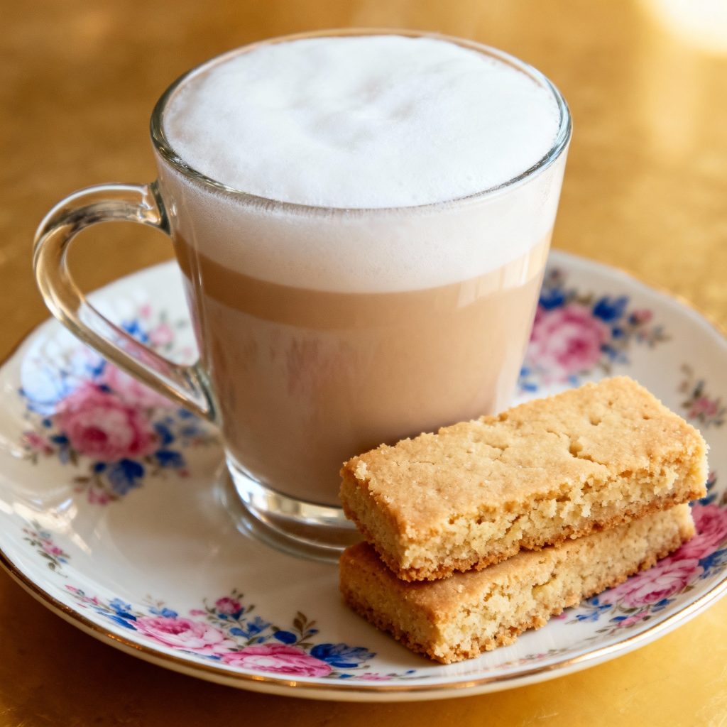 Honey lavender London Fog Earl Grey tea latte with frothy steamed milk served in a glass mug alongside lemon curd shortbread bars on a vintage floral china plate.