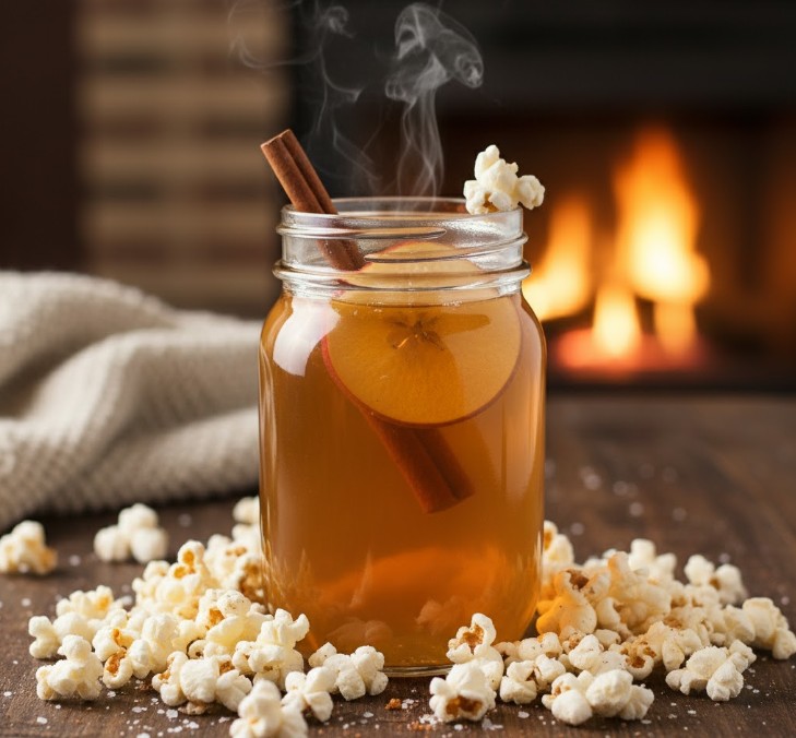 Spiked hot apple cider in a mason jar garnished with cinnamon sticks and apple slices, with steam rising from the warming beverage. Rosemary parmesan popcorn scattered around the base with a crackling fireplace glowing in the background.