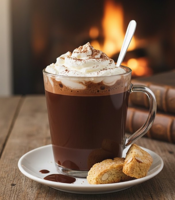 Viennese hot chocolate topped with Schlagobers whipped cream and cocoa powder, served in a glass mug alongside chocolate-dipped pistachio biscotti on a white saucer.