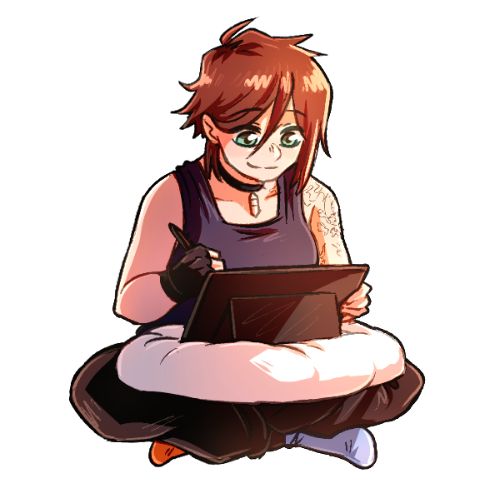 Comical illustration of a female with straight ginger hair, sat down, with a pillow on her lap, using an ipad with a pen in her hand, wearing a necklace, a black tank top with black pants, and white-orange socks.
