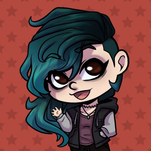 Comical illustration of a comical female with wavy blue hair, wearing a black-grey hoodie with a black top underneath, a black choker-necklace, waving against a red background with stars.