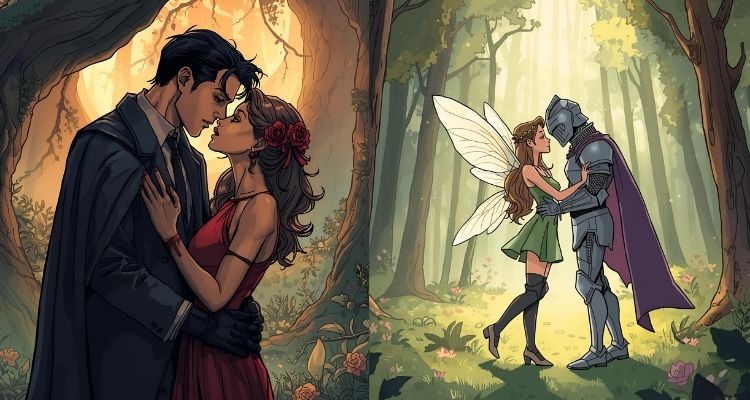 Two romantic-fantasy illustrations side by side against an atmospheric backdrop of a forest: on the left, the woman wearing a red dress and rose in her hair, and the man in a black suit; on the right, a fairy in a green dress holding a knight in armour under glowing sunlight among trees.