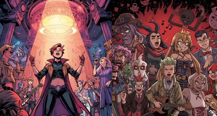 Illustration depicting a vibrant fantasy scene with a large cast of characters, including a powerful figure with glowing energy raising their arms toward a bright portal, surrounded by an electric crowd of warriors, musicians, and mystical beings.