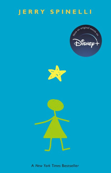 Bright blue book cover of "Stargirl" by Jerry Spinelli with a simple green stick figure and yellow star above.