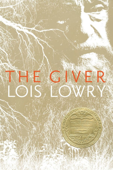 Book cover of "The Giver" by Lois Lowry features an elderly man's face merging with tree branches on a sepia background. A gold Newbery medal is embossed.