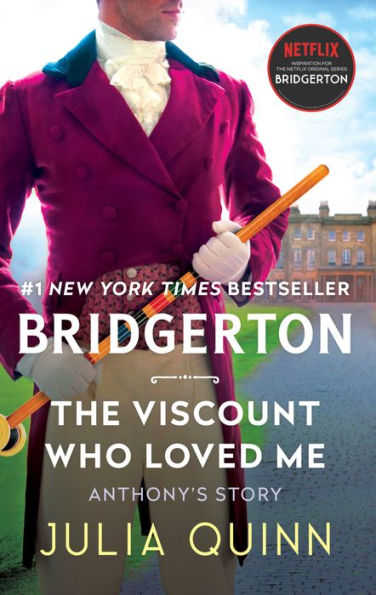 Book cover of "The Viscount Who Loved Me" by Julia Quinn. Features a man in a burgundy tailcoat holding a cane, with a grand house and lawn in the background.