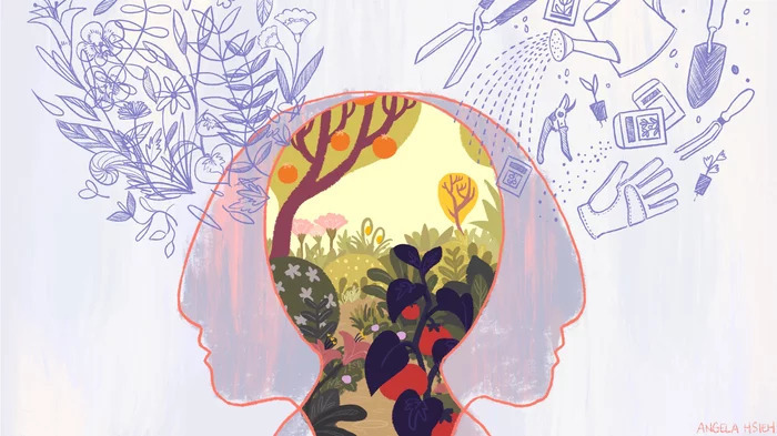 Hidden Brain by Shankar Vendantam podcast cover with two overlapping side profiles featuring the inside of a head showing a forest with flowers. The background is lilac with purple graphics of flowers on one side and gardening tools on the other side.