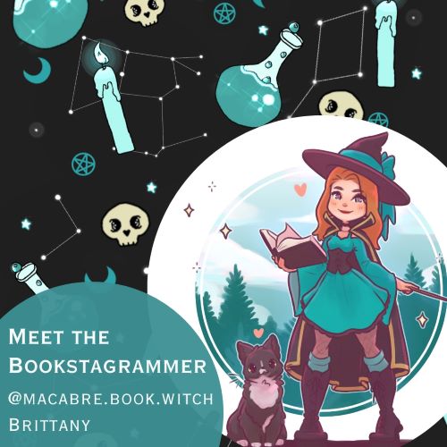 Graphic illustration of Brittany, a light-skinned woman with mid-length red hair wearing a black witch's hat, cape, and boots with a teal, corseted long-sleeve dress, holding an open book in one hand and a wand in the other, with a black and white dog at her feet. The background behind her is a forest framed in a white circle, overlaid on a black background with constellations, potion beakers, skulls, pentagrams, and candles, all tinted blue.