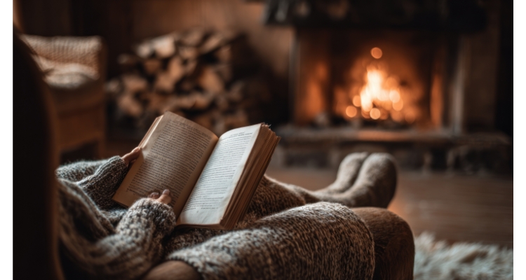 A person in a cozy sweater reads a book by a crackling fireplace, creating a warm and relaxed atmosphere with stacked firewood nearby.