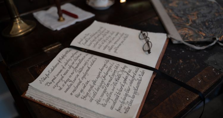 This image depicts an open book with script on it with a bookmark and glasses. The book is surrounded by a map, a candle stand, and a letter seal on a brown, old desk.