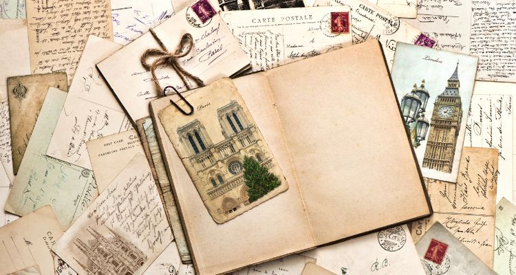 This image features an open book with empty pages on a table full of postcards with one paper clipped to the page.
