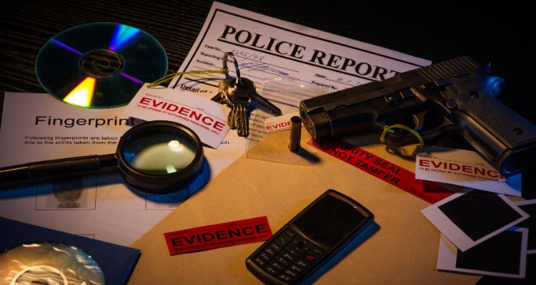 This image features a police report, a magnifying glass, a phone, evidence cards, a manila folder, a fingerprint page, a CD, and a set of keys, all set on a table top.