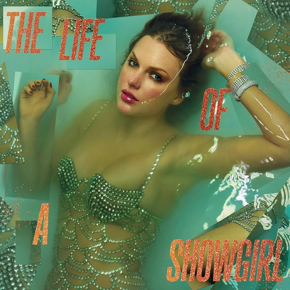 The album cover for The Life of a Showgirl by Taylor Swift. The cover is assembled like a collage of the same image laid on top of itself. Taylor Swift, a woman with pale skin and dark blonde hair lies partially submerged in a tub. She wears a jeweled lingerie suit with a mermaid scale pattern and diamond bracelets on her wrist. The title is in orange glittery text.