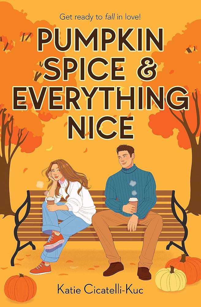 Pumpkin Spice & Everything Nice by Katie Cicatelli-Kuc depicts a woman and a man sitting on a bench with trees and pumpkins around them.