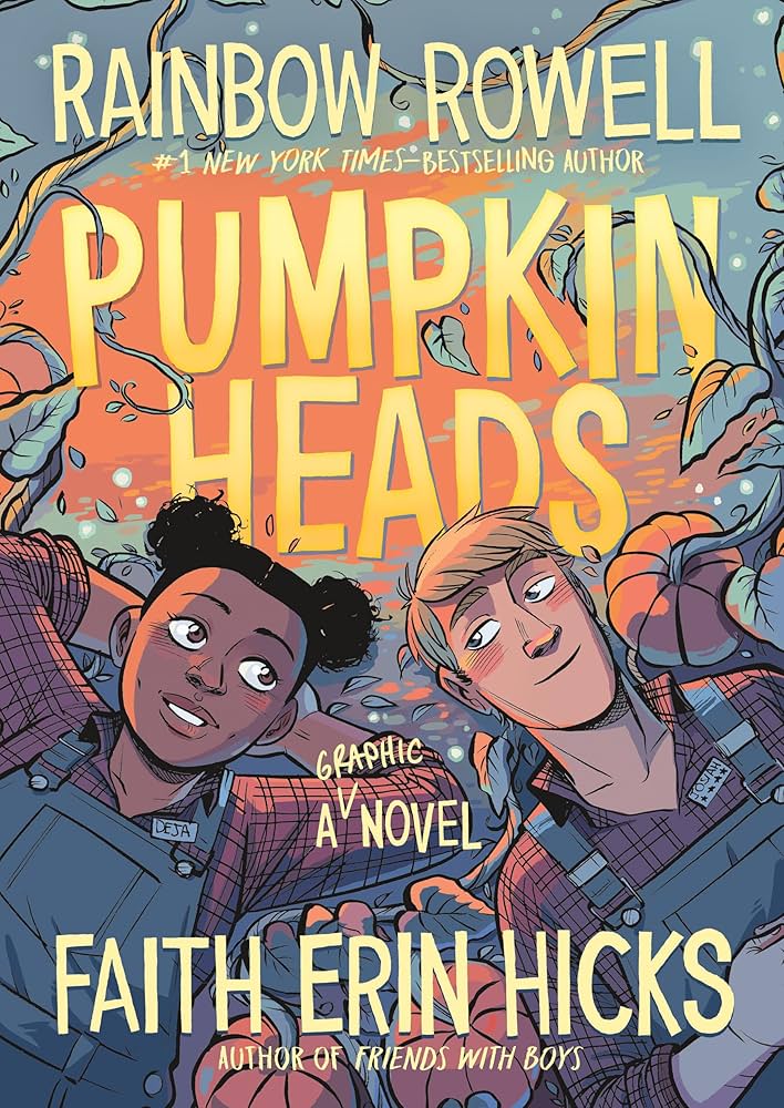 Pumpkinheads by Rainbow Rowell and Faith Erin Hicks depicts a man and a woman lying on the ground surrounded by pumpkins and pumpkin vines.
