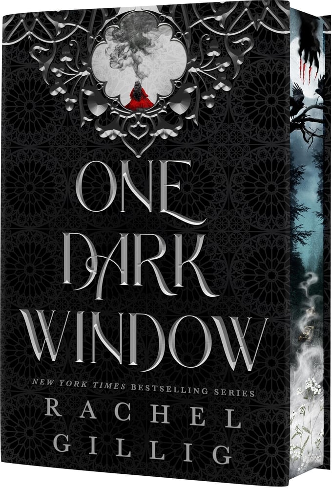 One Dark Window by Rachel Gillig depicts a woman in a red cape with a cloud of smoke over her head.