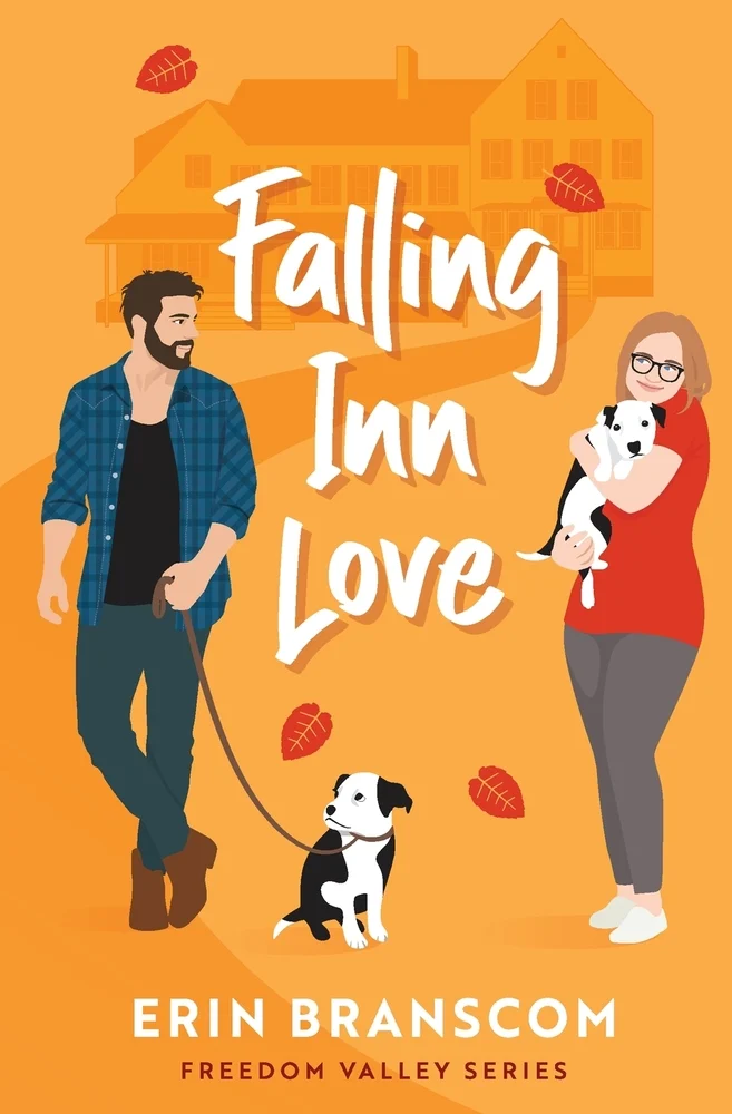 Falling Inn Love by Erin Branscom depicts a man with a dog on a leash and a woman with a dog in her arms. In the background there is a inn and falling leaves.
