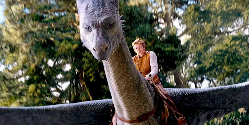 A boy wearing a brown vest rides a large, gray dragon through a forest. The scene conveys a sense of adventure and fantasy, with a backdrop of blurred green trees.