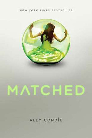 A woman in a green dress is trapped inside a translucent sphere on the book cover of "Matched" by Ally Condie. The tone is mysterious and futuristic.