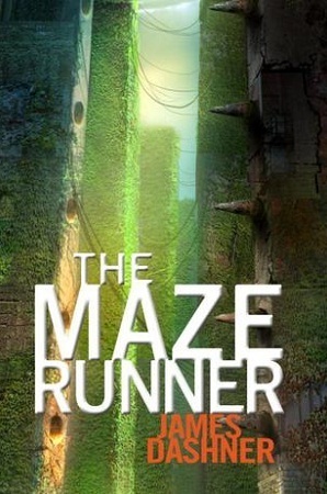 "The Maze Runner" book cover depicting towering, moss-covered maze walls under a bright sky. Title text is bold and white, with an adventurous tone.