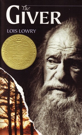 The book cover of "The Giver" by Lois Lowry shows an elderly man with a long beard, looking contemplative. A golden award medal is displayed, and there is a sunset scene with silhouetted trees.