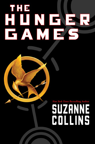 Book cover of The Hunger Games by Suzanne Collins, showing a gold mockingjay and arrow emblem on a black background.