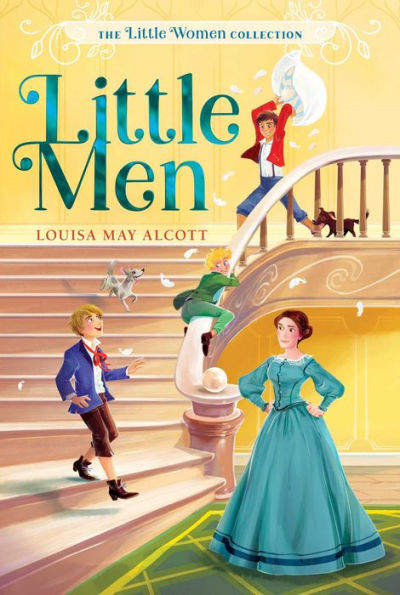 Little Men by Louisa May Alcott book cover depicting three children playing on a staircase; one boy tosses a hat and one is sliding down the rail, while a woman in a blue dress observes them.