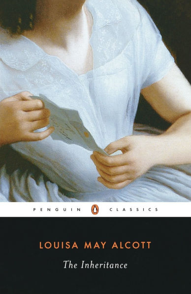 The Inheritance by Louisa May Alcott book cover depicting a close-up view of a woman's torso in a white dress as she delicately holds a letter with two hands.