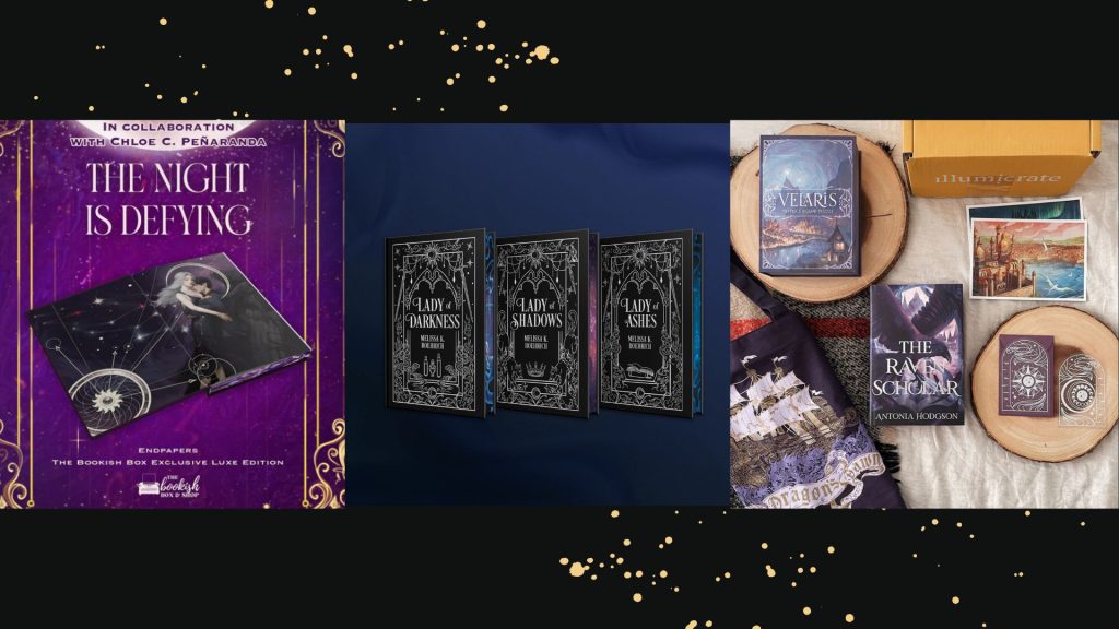 A collage features an exclusive edition from The Bookish Shop, three special edition black books with intricate designs from FairyLoot, and The Raven Scholar Illumicrate box with book-themed merchandise, including postcards and a box.