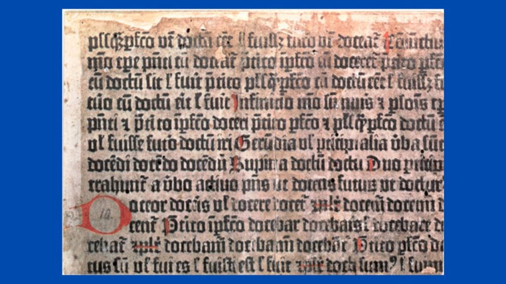 A surviving page of the first printed edition of Donatus's Ars minor, from the year 1455.