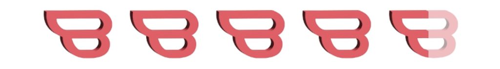 Five Bookstr logos arranged in a horizontal line, with the one on the right being half dark coral and light half coral, signifying the score of 4.5.