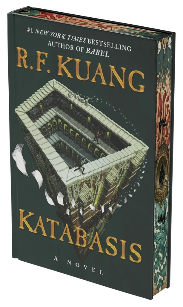 The book cover of "Katabasis" by R.F. Kuang features a detailed labyrinth at an angle, surrounded by ornate patterns and deep, dark tones.