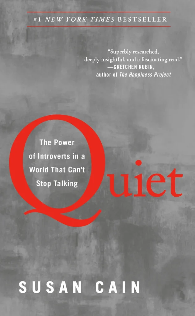 Quiet by Susan Cain book cover, a self-help book cover depicting a gray background with the word 'Quiet' in red.