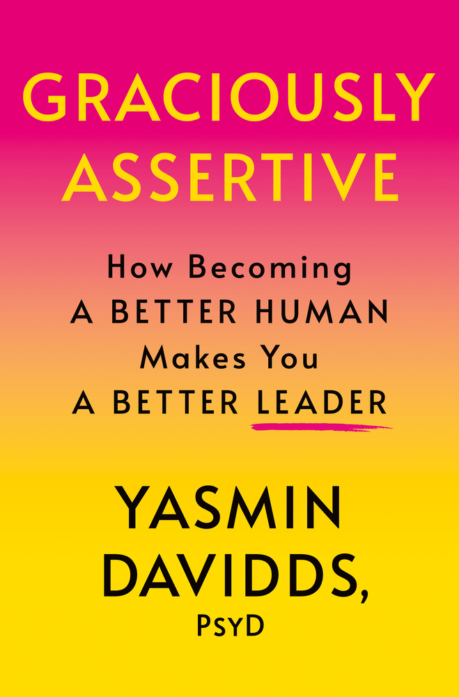 Graciously Assertive by Yasmin Davidds, a self-help book cover depicting a gradient background going from bright pink to yellow.
