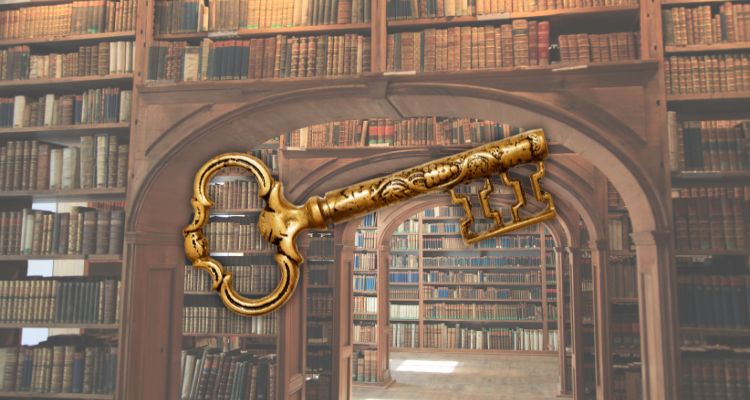 A library in the background with a golden key laid overtop.