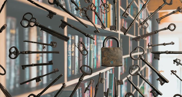 A shelf of books in the background with a lock in the center and many old keys pointing towards the lock.