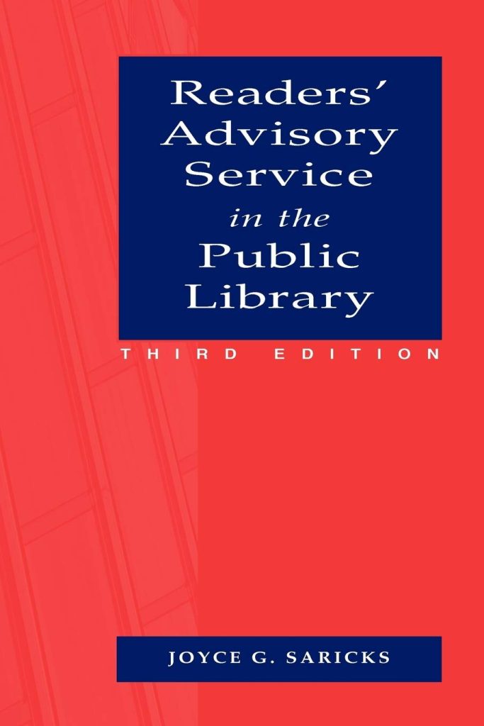 Readers' Advisory in the Public Library by Joyce G. Saricks book cover depicts red background with a navy blue box around the text.
