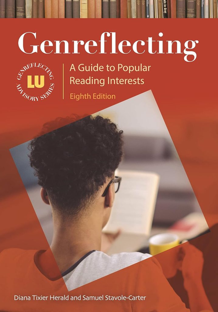 Genreflecting by Diana Tixier Herald and Samuel Stavole-Carter book cover depicts the back of a young person's head holding up a book and a mug framed by a tilted red square.