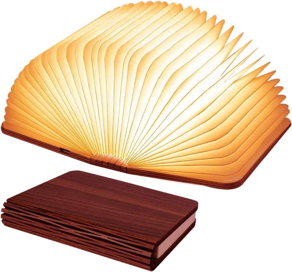 The image features an open book that lights up as a night light. In front of it is the book closed.