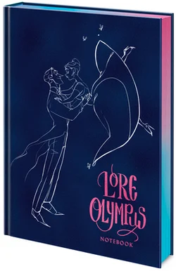 The image features a blue cover with a man holding a woman in the air with the words "Lore Olympus notebook" underneath them. The edges are sprayed blue and pink.